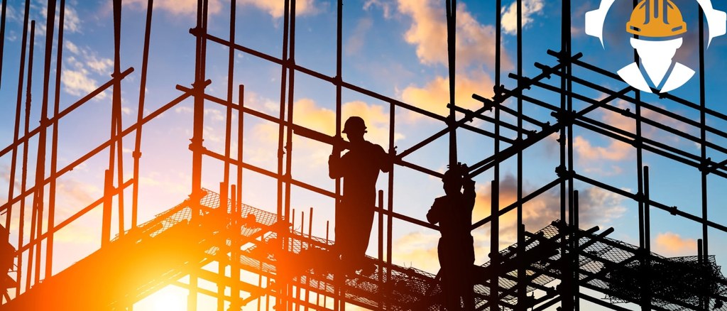 Crestline crew at work on scaffolding during sunset